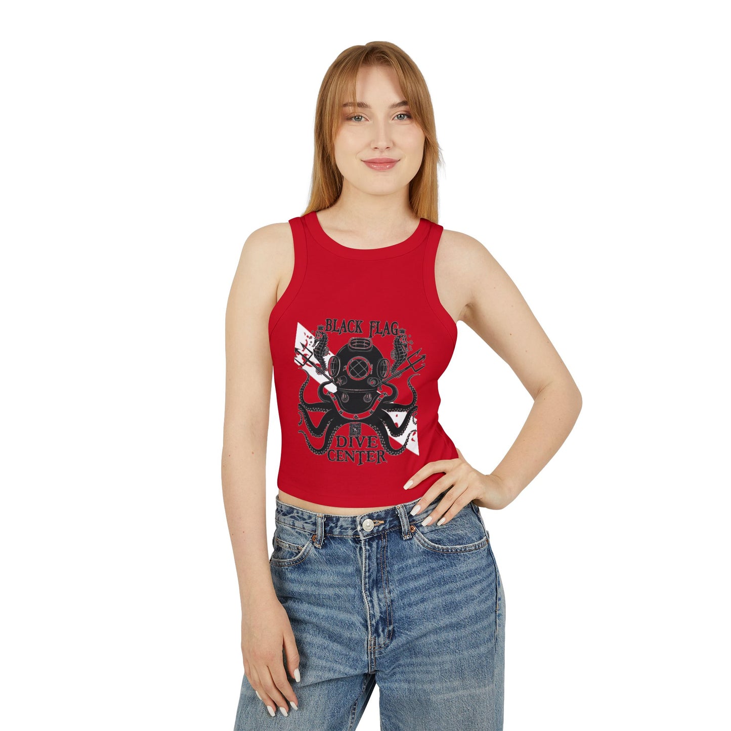 Dive Center Racer Tank Top (White) — Black Flag Scuba Helmet Graphic