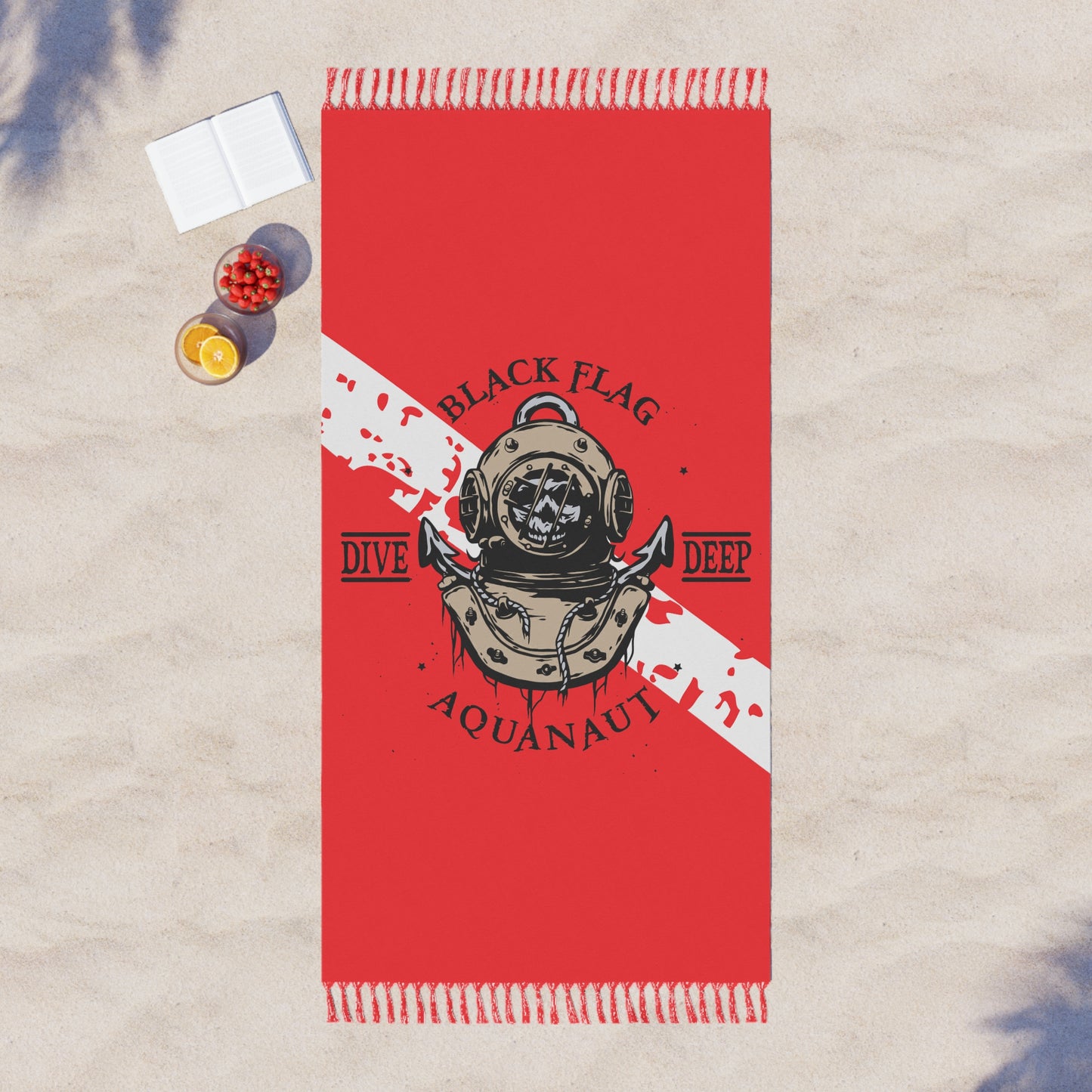 Dive Center Beach Towel — Black Flag Octopus Diver Design