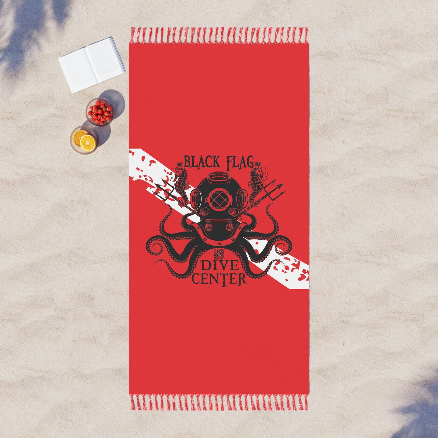Dive Center Beach Towel — Black Flag Octopus Diver Design