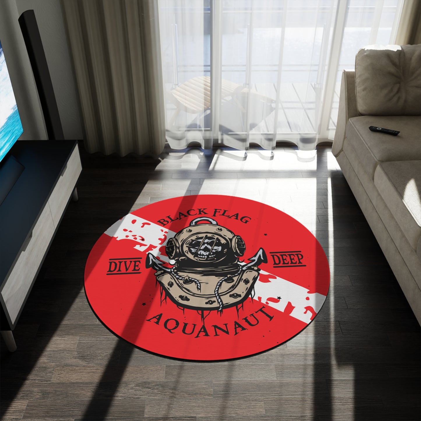 Black Flag Dive Center Rug (Red) – Nautical Aquanaut Diving Helmet Floor Mat