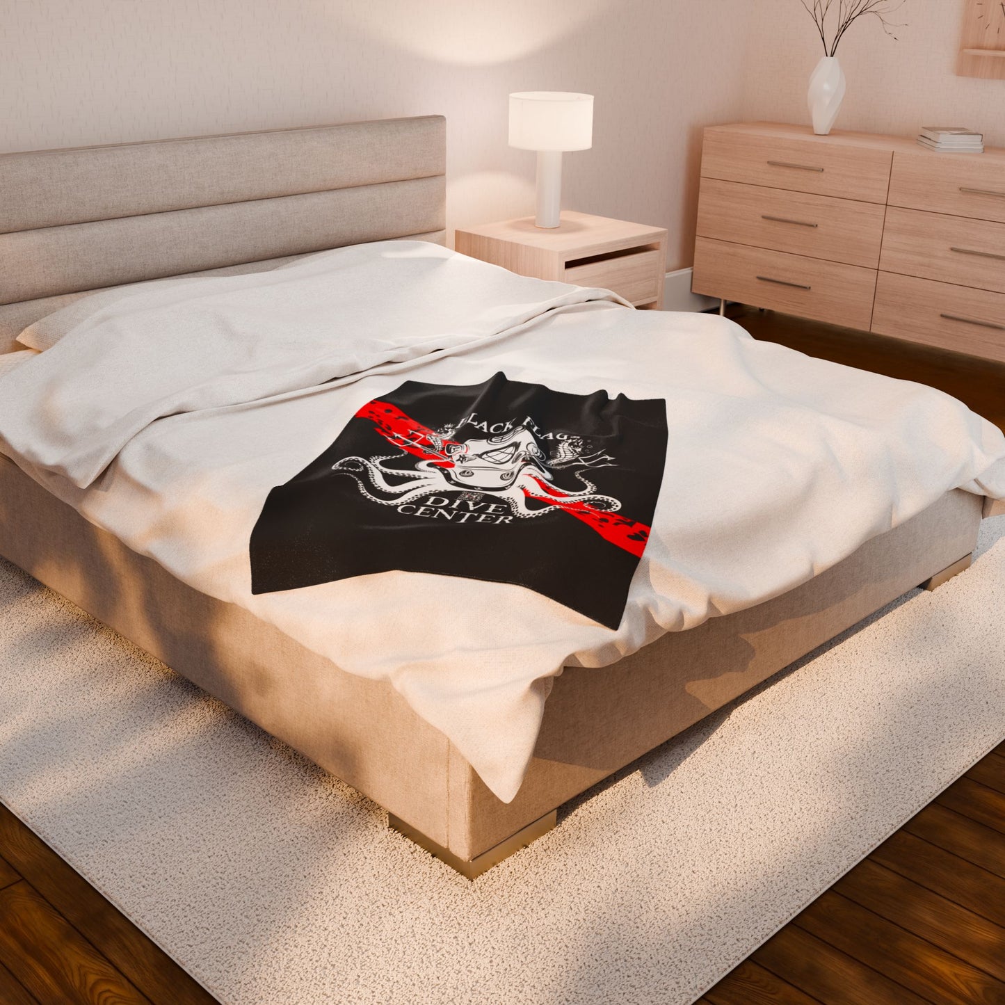 Black Flag Dive Center Velveteen Plush Blanket – Vintage Deep Sea Diver Octopus Design
