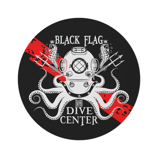 Round Rug (Black) — Black Flag Dive Center Vintage Diver Helmet Octopus Design