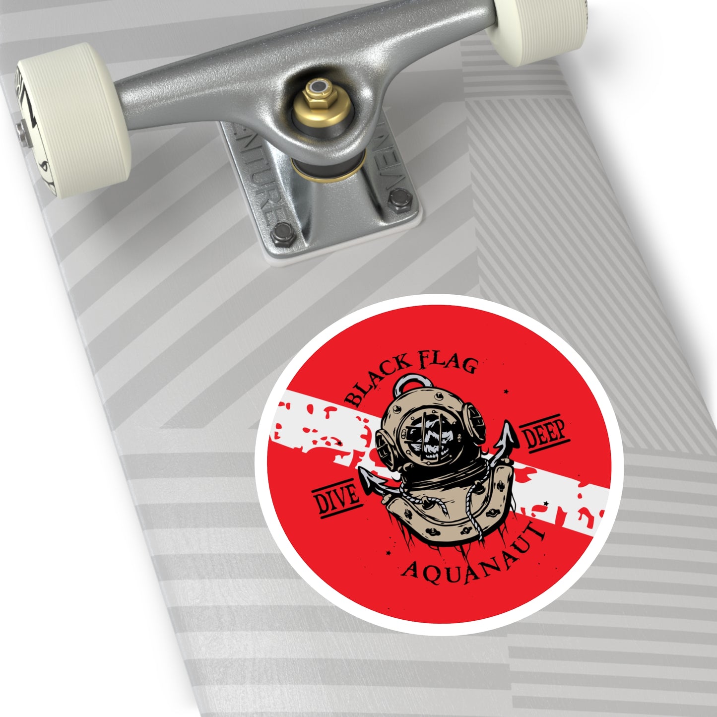 Aquanaut Dive Flag Round Sticker — 'Black Flag Aquanaut' Scuba Helmet Design