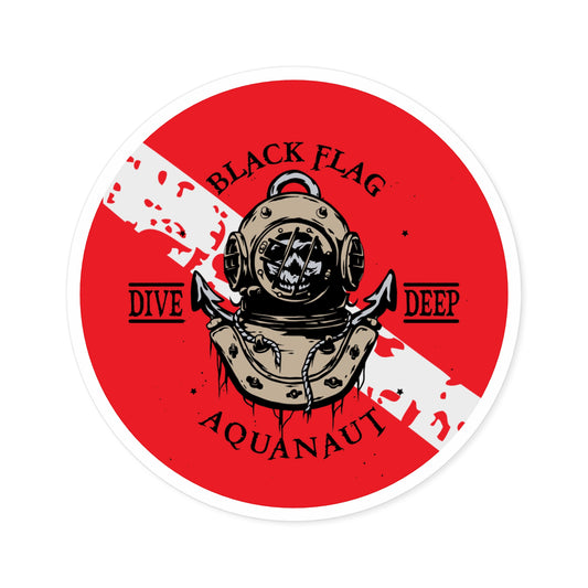 Aquanaut Dive Flag Round Sticker — 'Black Flag Aquanaut' Scuba Helmet Design