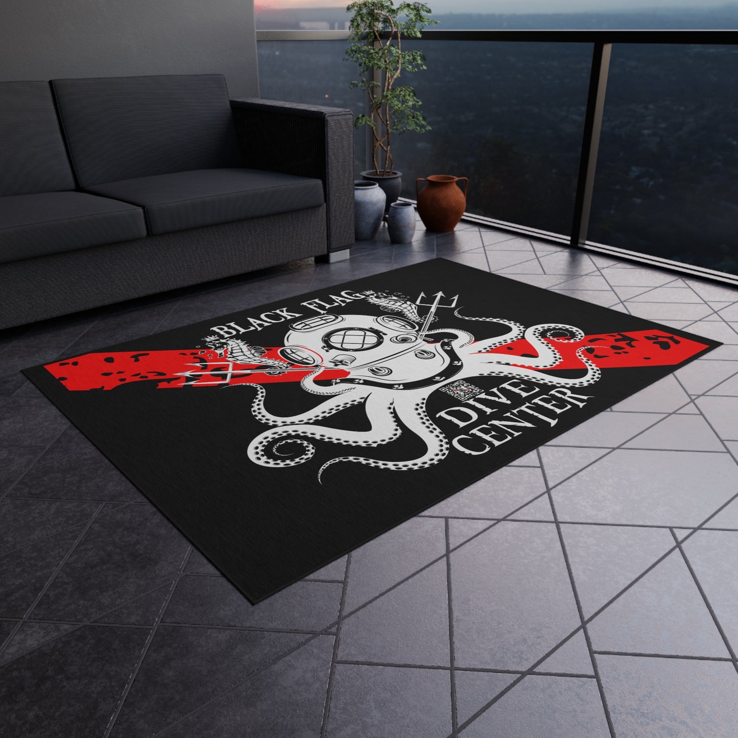 Black Flag Dive Center Outdoor Rug (Black) – Vintage Diving Helmet Octopus Design