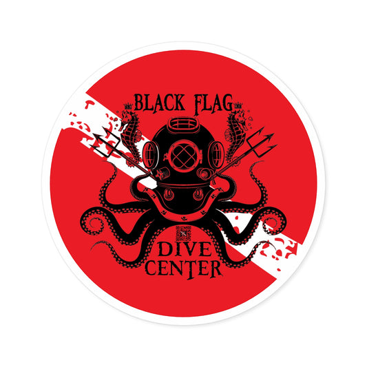 Black Flag Dive Center Round Sticker — Vintage Deep-Sea Octopus Diver Decal (Indoor/Outdoor)