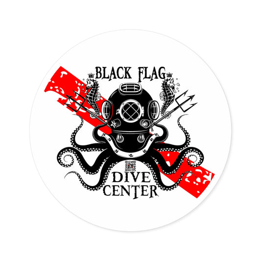 Black Flag Dive Center Round Sticker — Scuba Diver Helmet Octopus Design (Indoor/Outdoor)