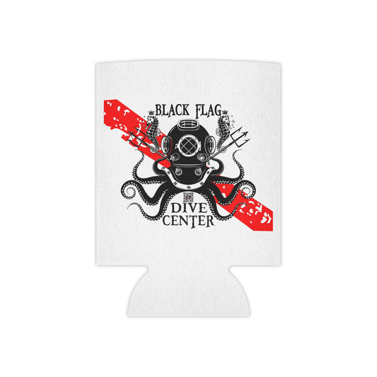 Can Cooler (White) - Black Flag Aquanaut / Dive Center Design (Scuba Diver, Red Dive Stripe)