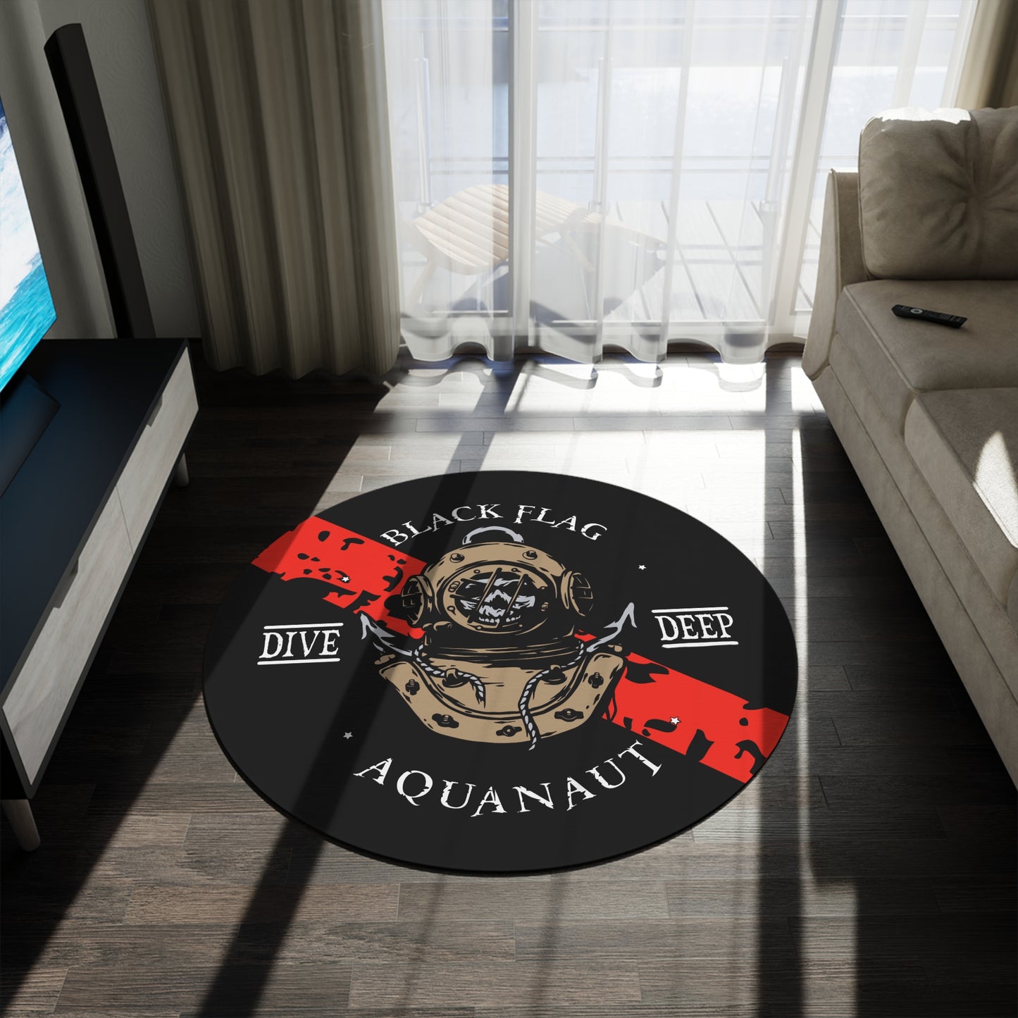 Round Rug (Black) — Black Flag Dive Center Vintage Diver Helmet Aquanaut Design