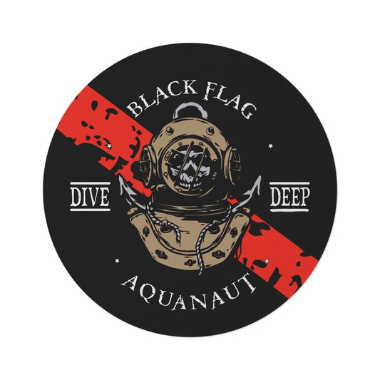 Round Rug (Black) — Black Flag Dive Center Vintage Diver Helmet Aquanaut Design