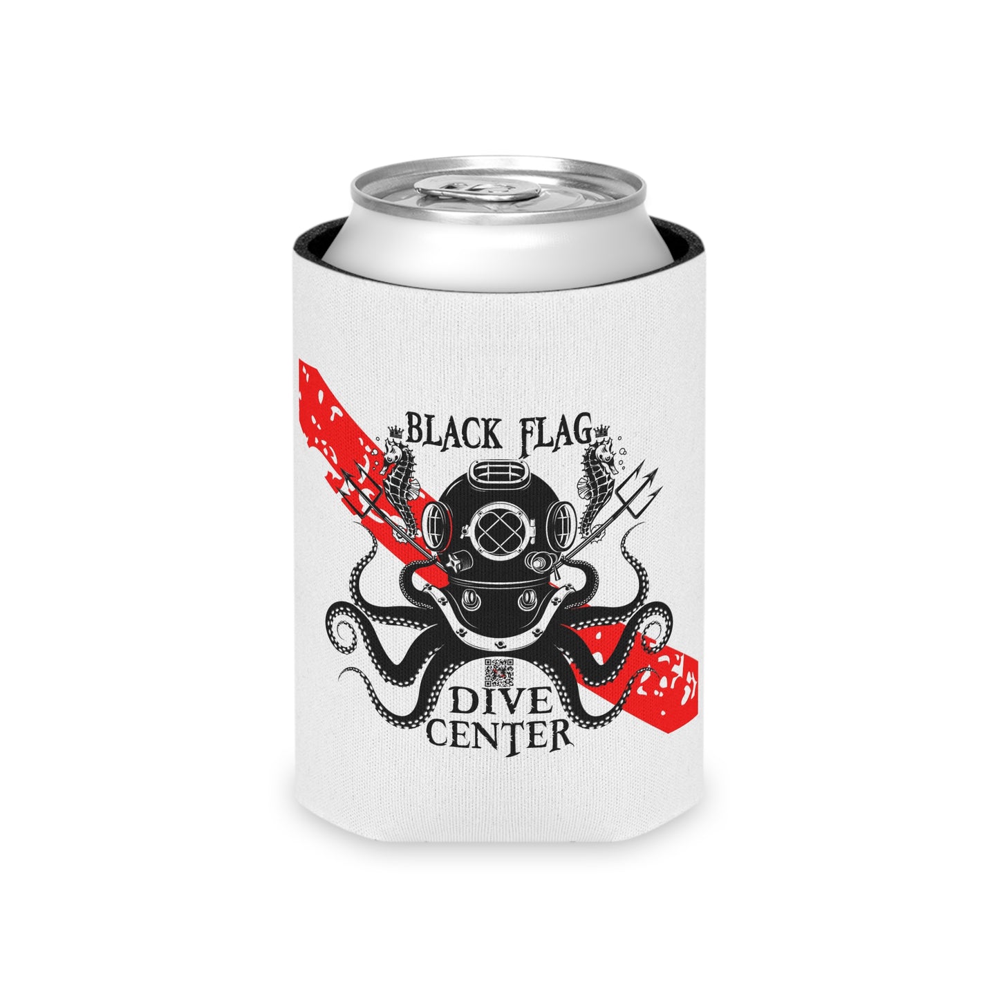 Can Cooler (White) - Black Flag Aquanaut / Dive Center Design (Scuba Diver, Red Dive Stripe)