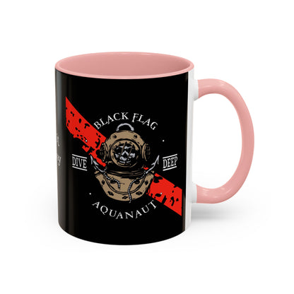 Diver Coffee Mug (Black) — 'Black Flag Aquanaut' Scuba Helmet Accent Mug (11/15oz)