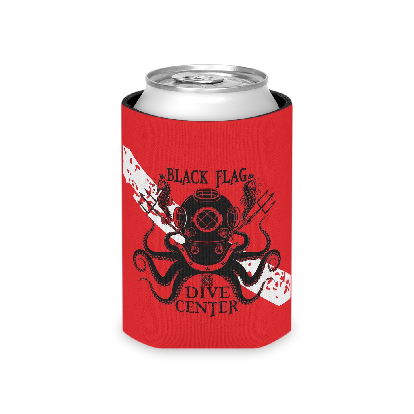 Can Cooler (Red) — Black Flag Dive Center Aquanaut Koozie (Vintage Deep Sea Helmet)