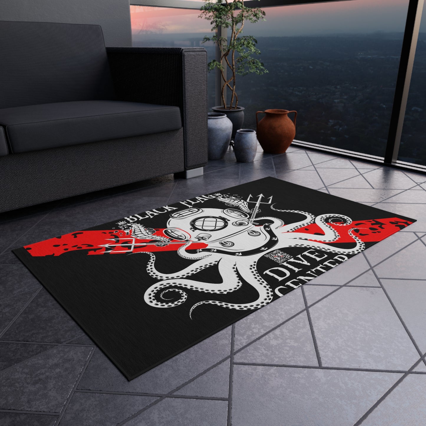Black Flag Dive Center Outdoor Rug (Black) – Vintage Diving Helmet Octopus Design