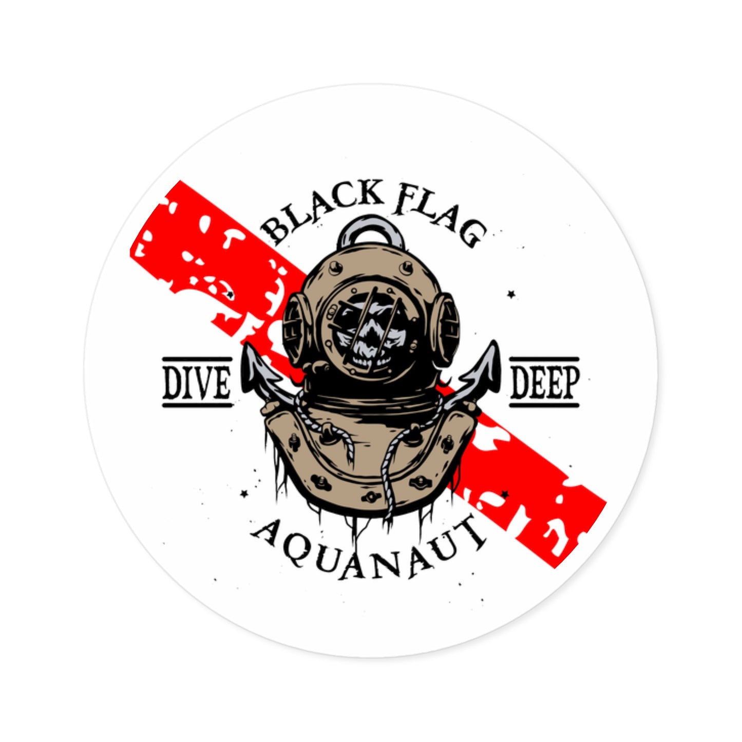 Black Flag Dive Center Round Sticker — Scuba Diver Helmet Octopus Design (Indoor/Outdoor)