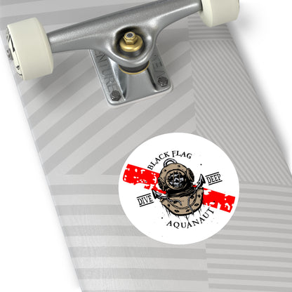 Black Flag Dive Center Round Sticker — Scuba Diver Helmet Octopus Design (Indoor/Outdoor)