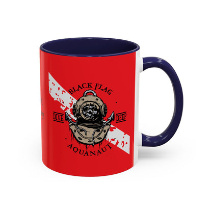 Diver Coffee Mug (Red)  — 'Black Flag Aquanaut' Scuba Helmet Accent Mug (11/15oz)
