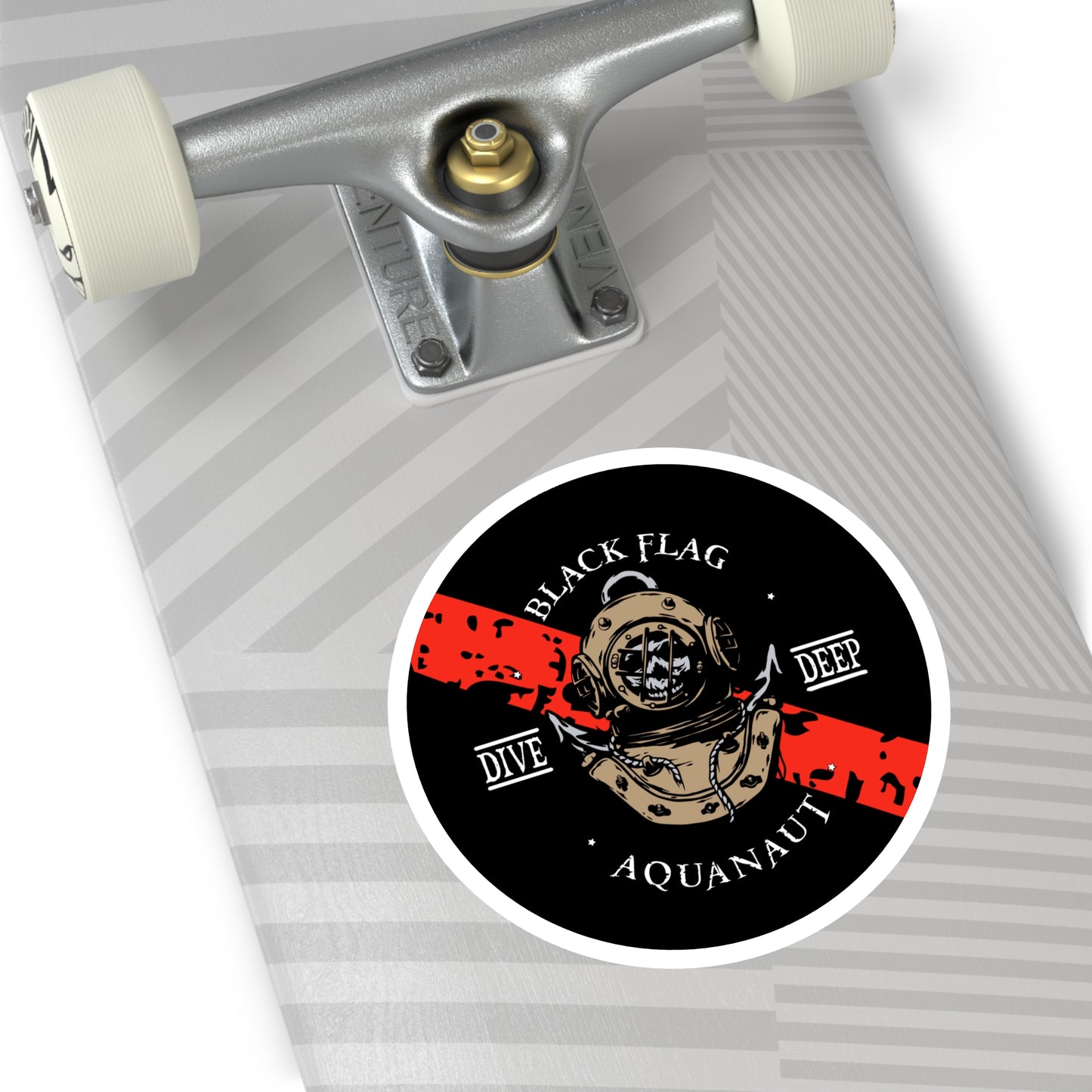 Black Flag Aquanaut Round Sticker — Dive Deep Vintage Diving Helmet Decal