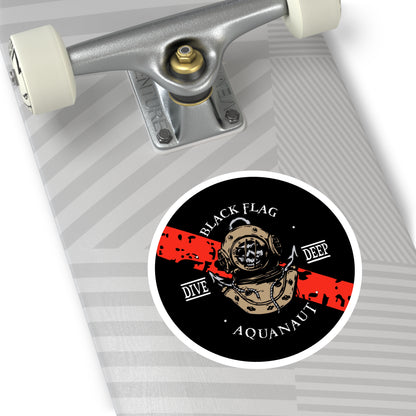Black Flag Aquanaut Round Sticker — Dive Deep Vintage Diving Helmet Decal