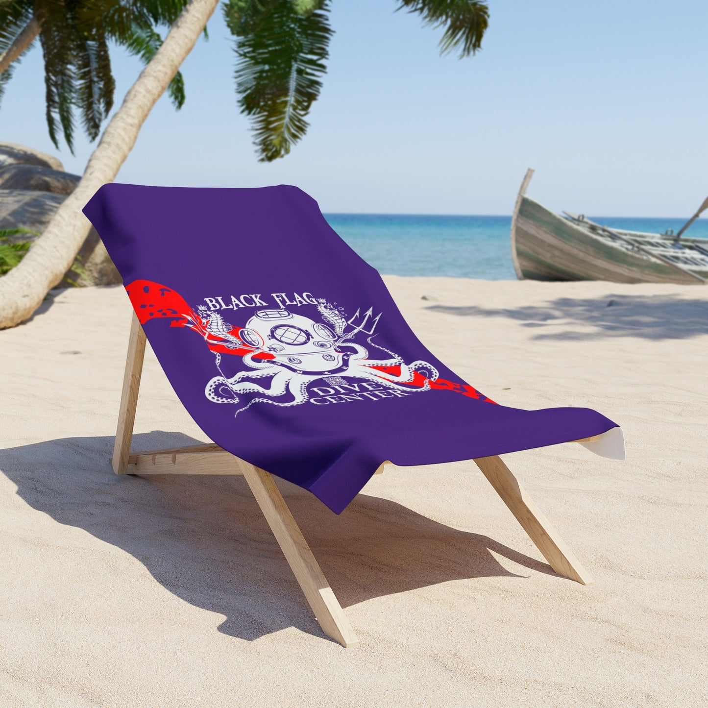 Diver Center Beach Towel — Nautical Octopus & Vintage Diving Helmet Design