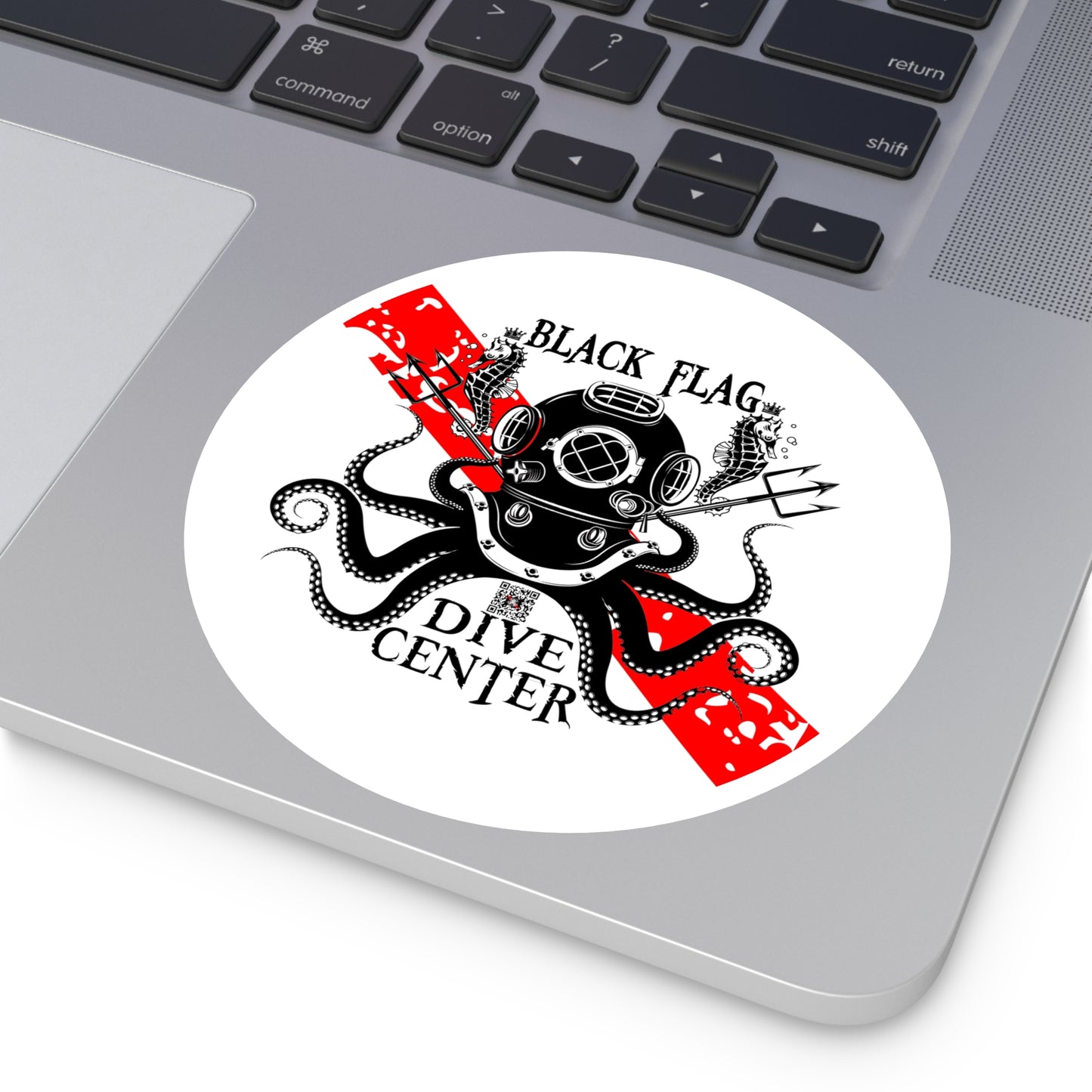 Black Flag Dive Center Round Sticker — Scuba Diver Helmet Octopus Design (Indoor/Outdoor)