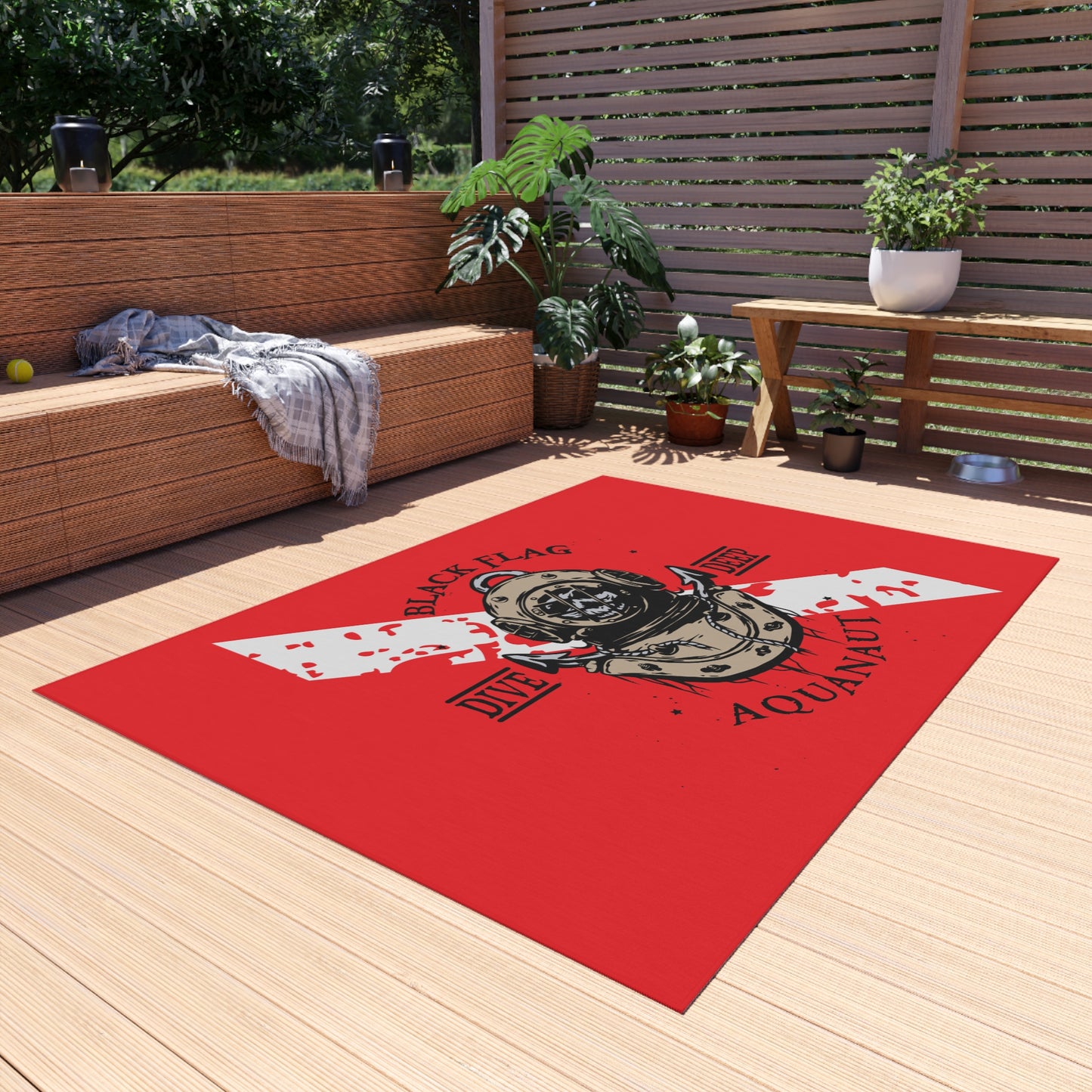 Dive Deep Aquanaut Outdoor Rug — Red Scuba Diver Flag Doormat