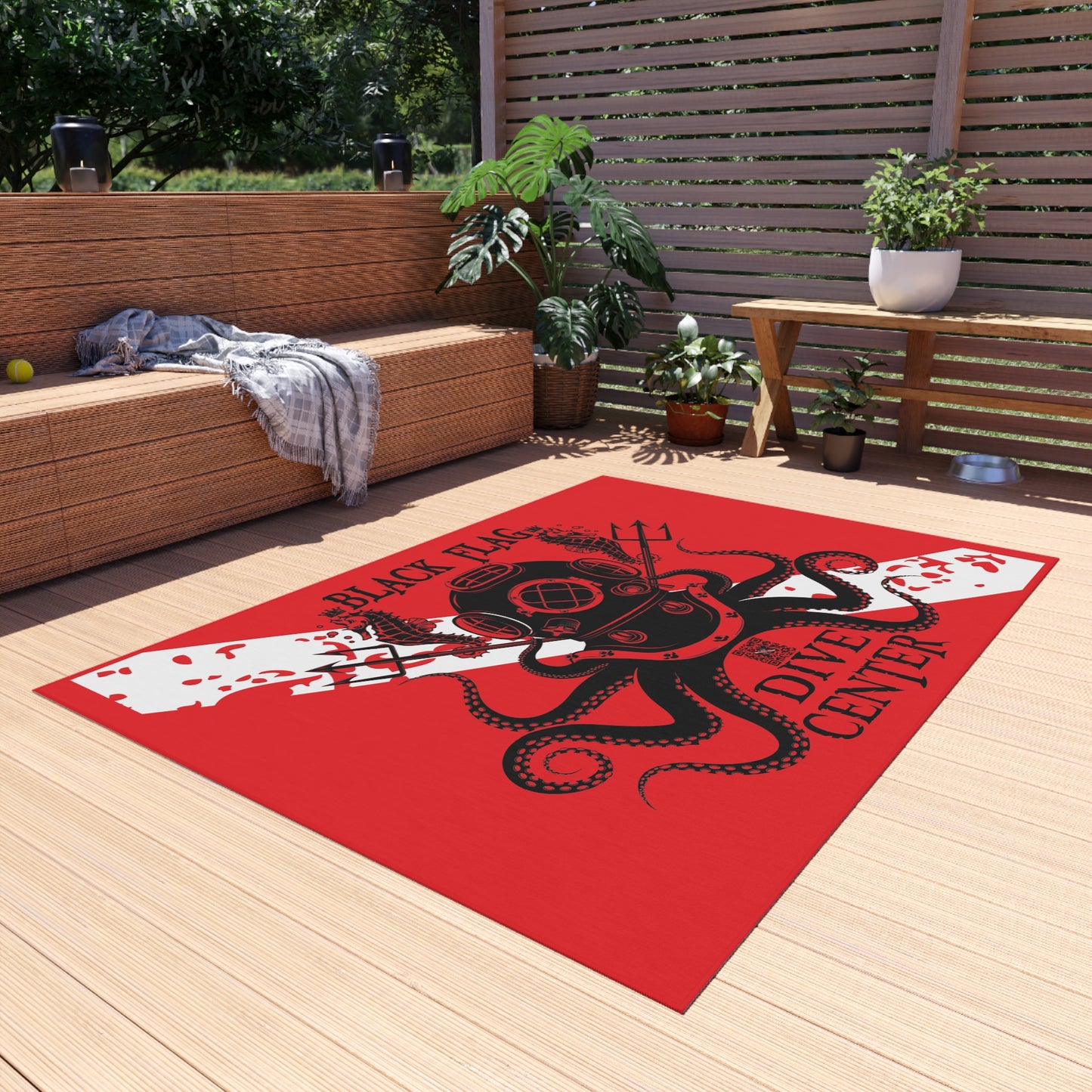 Dive Center Outdoor Rug (Red) — Black Flag Diver Nautical Patio Mat