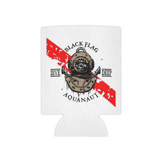 Can Cooler (White) - Black Flag Aquanaut / Dive Center Design (Scuba Diver, Red Dive Stripe)