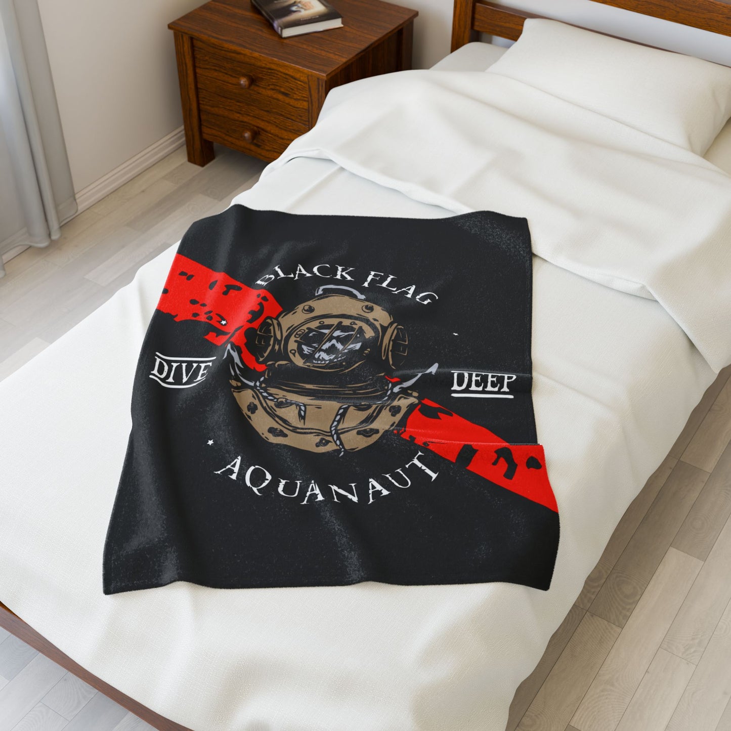 Aquanaut Dive Deep Velveteen Plush Blanket – Black Flag Vintage Diving Helmet Design