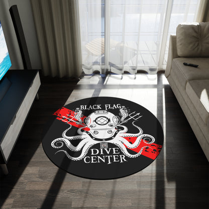 Round Rug (Black) — Black Flag Dive Center Vintage Diver Helmet Octopus Design