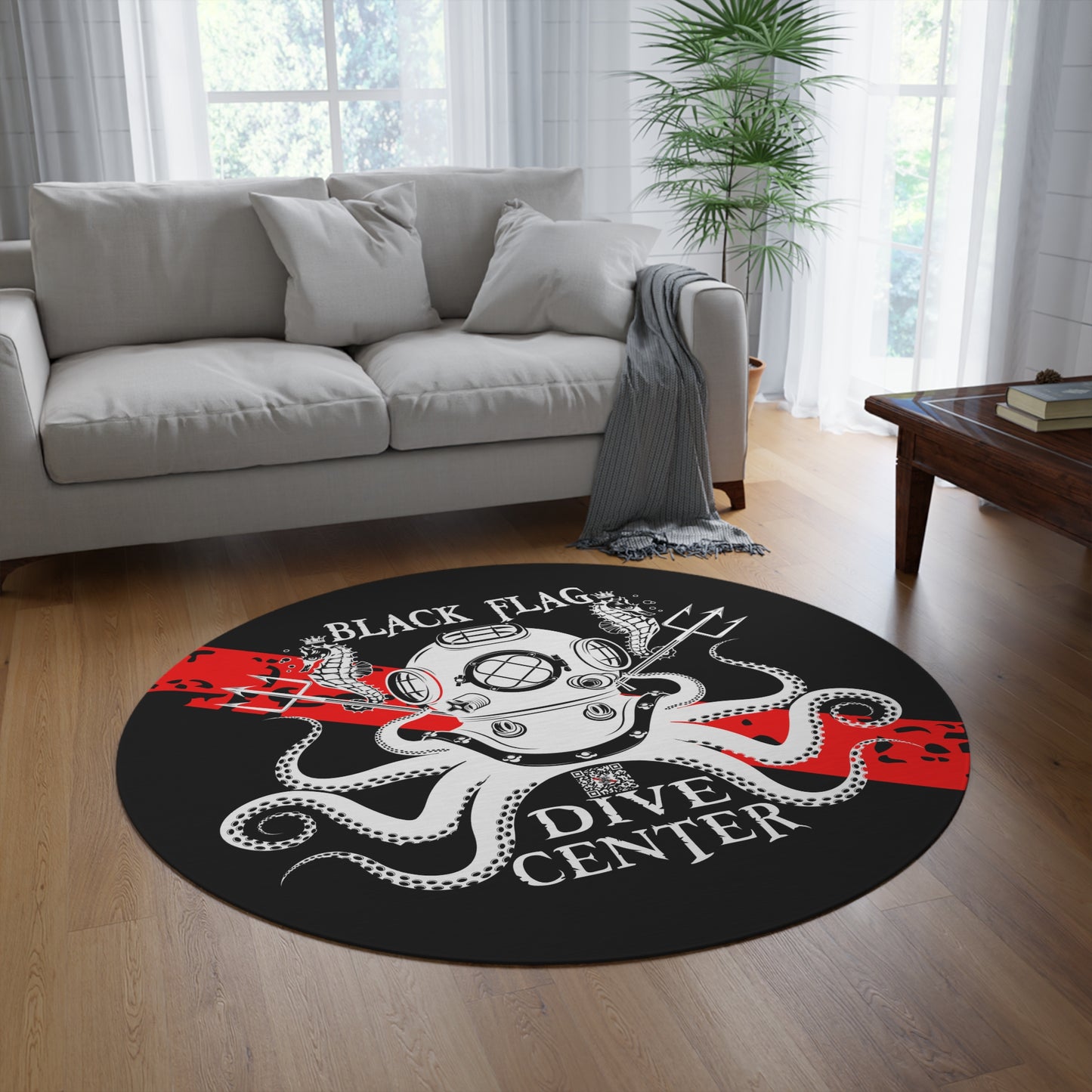 Round Rug (Black) — Black Flag Dive Center Vintage Diver Helmet Octopus Design