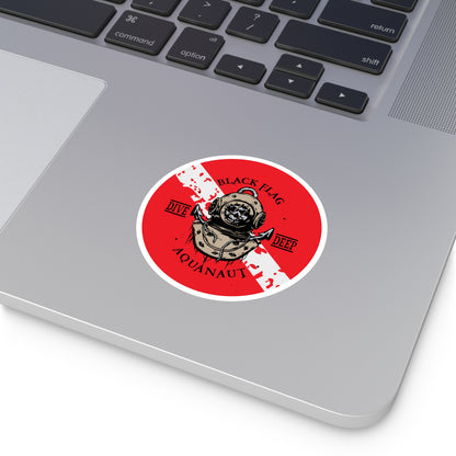 Aquanaut Dive Flag Round Sticker — 'Black Flag Aquanaut' Scuba Helmet Design