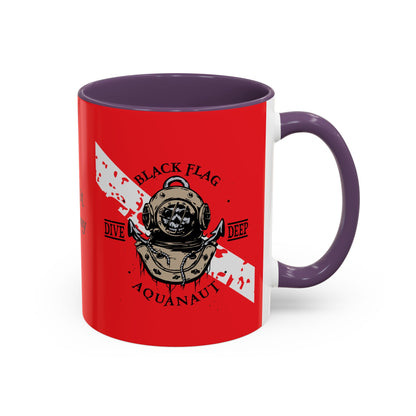 Diver Coffee Mug (Red)  — 'Black Flag Aquanaut' Scuba Helmet Accent Mug (11/15oz)