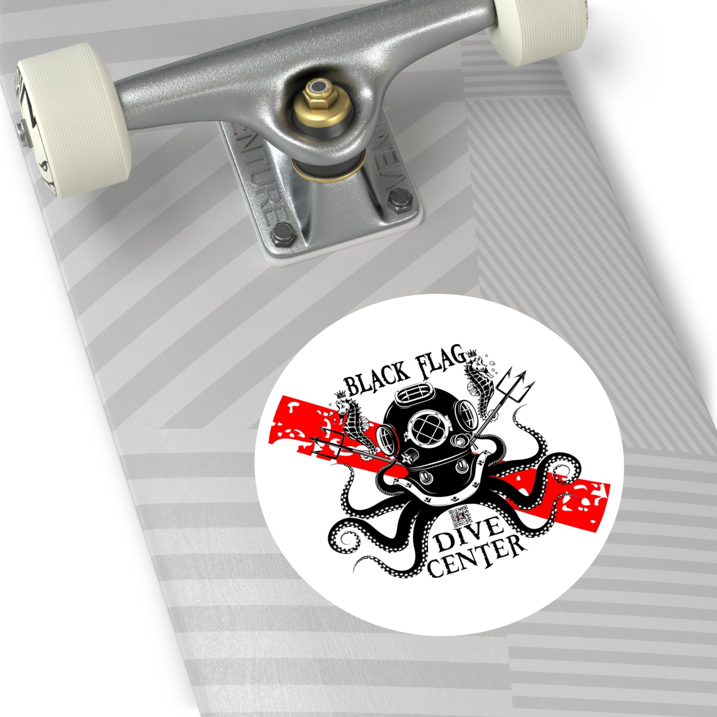 Black Flag Dive Center Round Sticker — Scuba Diver Helmet Octopus Design (Indoor/Outdoor)