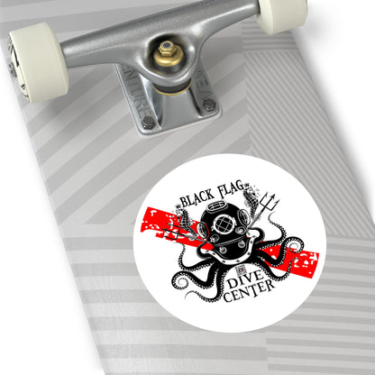 Black Flag Dive Center Round Sticker — Scuba Diver Helmet Octopus Design (Indoor/Outdoor)