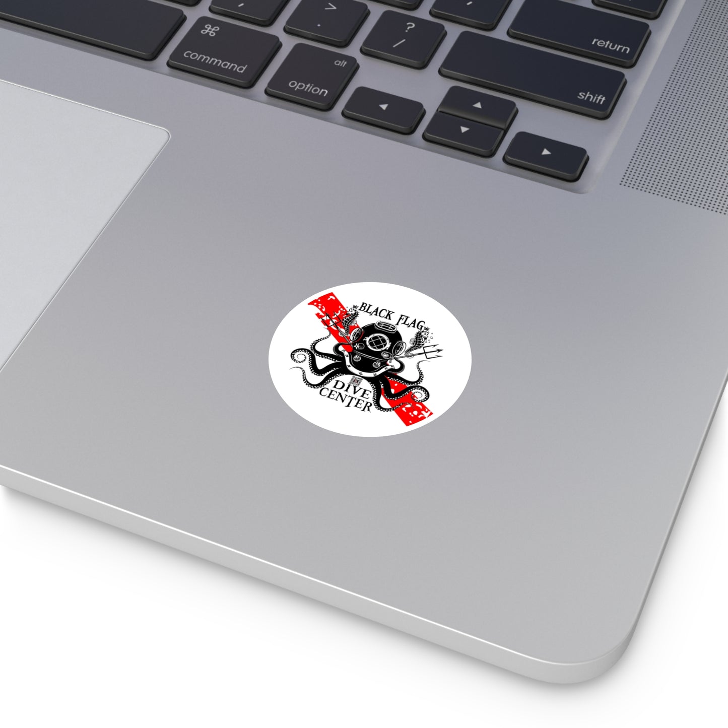 Black Flag Dive Center Round Sticker — Scuba Diver Helmet Octopus Design (Indoor/Outdoor)