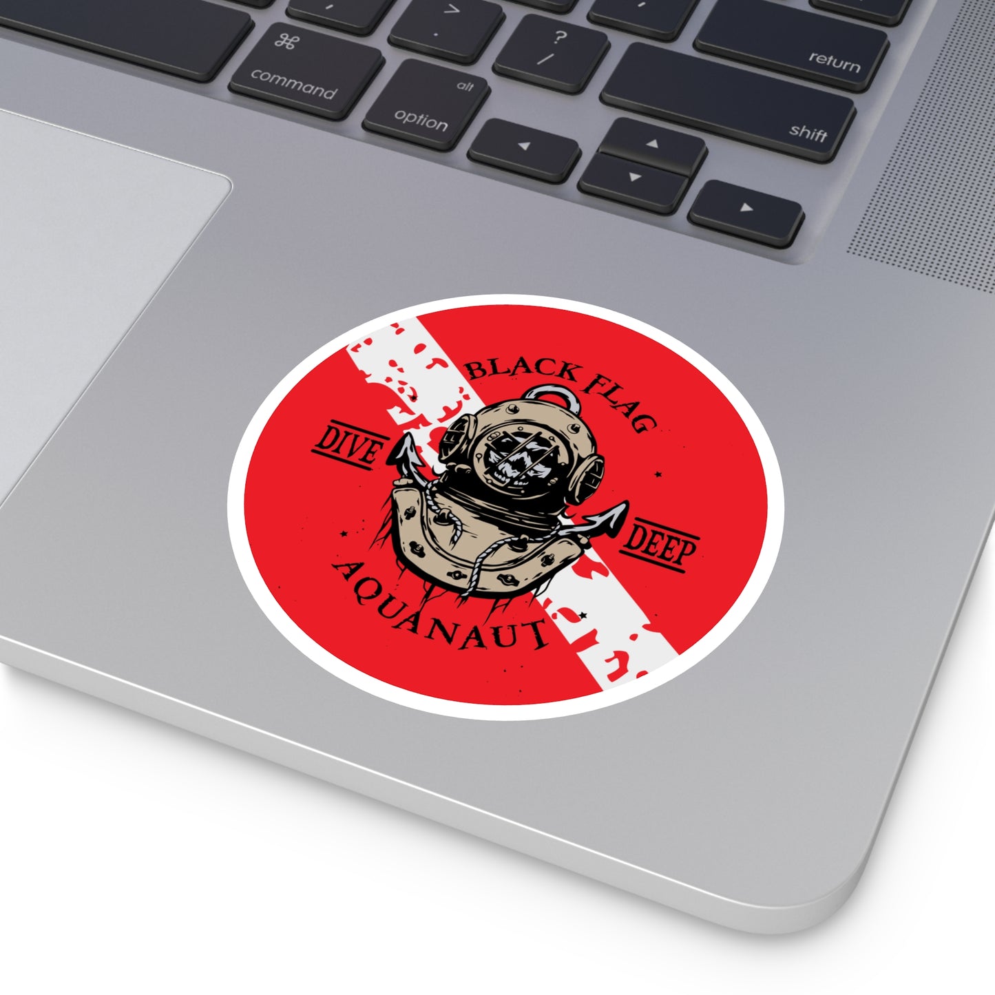 Aquanaut Dive Flag Round Sticker — 'Black Flag Aquanaut' Scuba Helmet Design