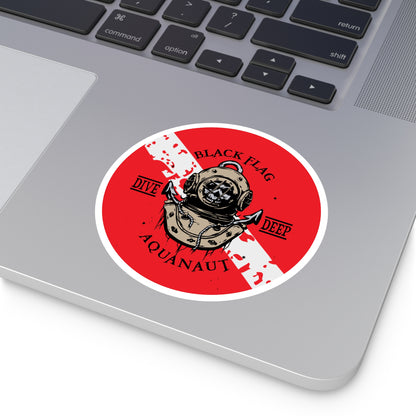 Aquanaut Dive Flag Round Sticker — 'Black Flag Aquanaut' Scuba Helmet Design