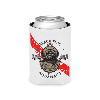 Can Cooler (White) - Black Flag Aquanaut / Dive Center Design (Scuba Diver, Red Dive Stripe)