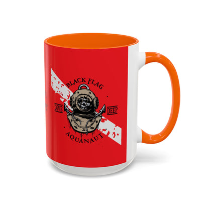 Diver Coffee Mug (Red)  — 'Black Flag Aquanaut' Scuba Helmet Accent Mug (11/15oz)