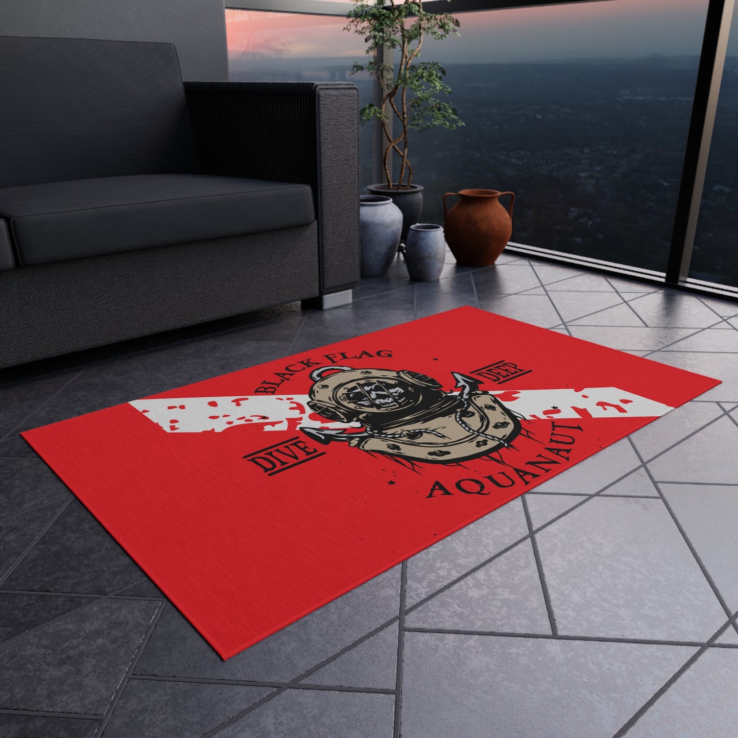 Dive Deep Aquanaut Outdoor Rug — Red Scuba Diver Flag Doormat