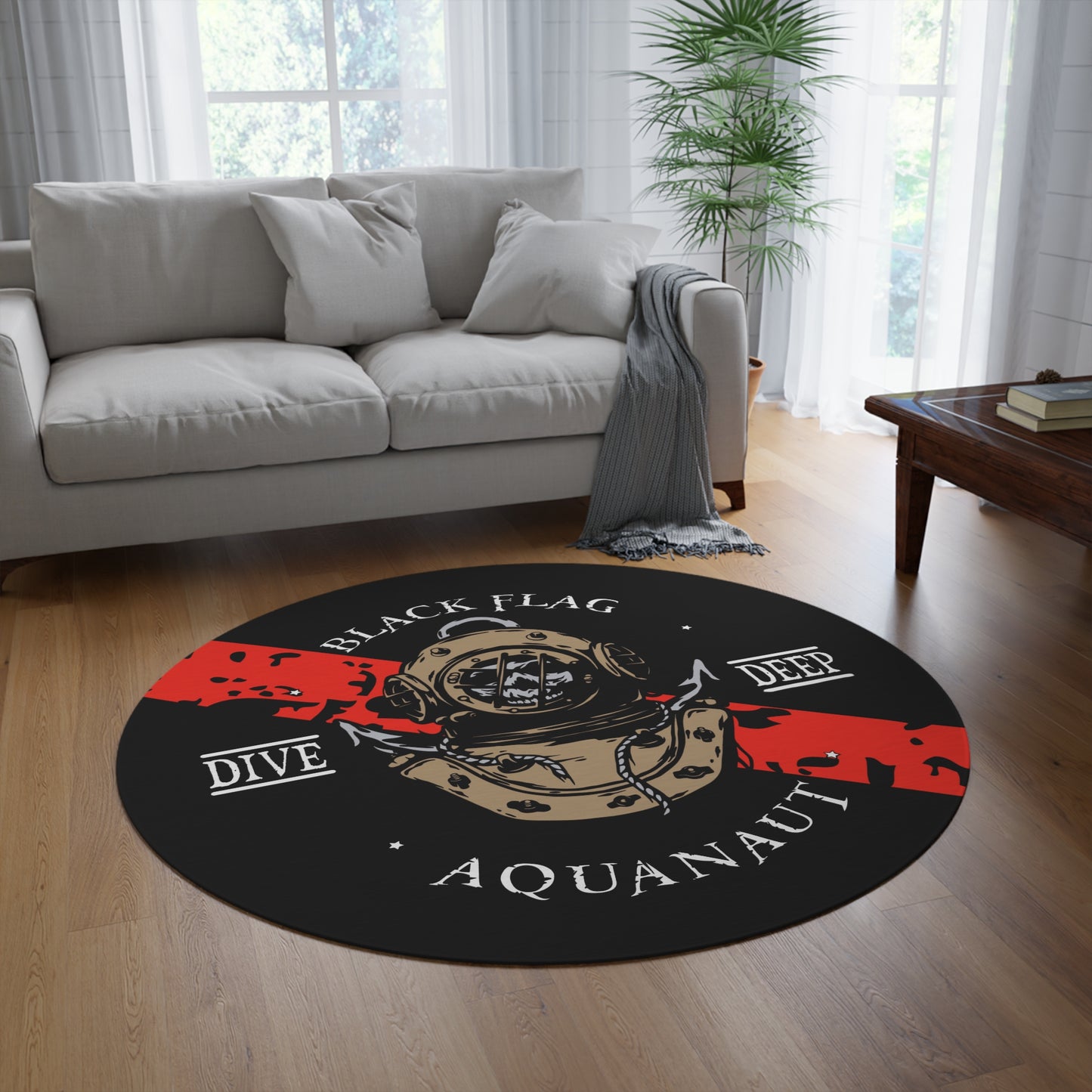 Round Rug (Black) — Black Flag Dive Center Vintage Diver Helmet Aquanaut Design