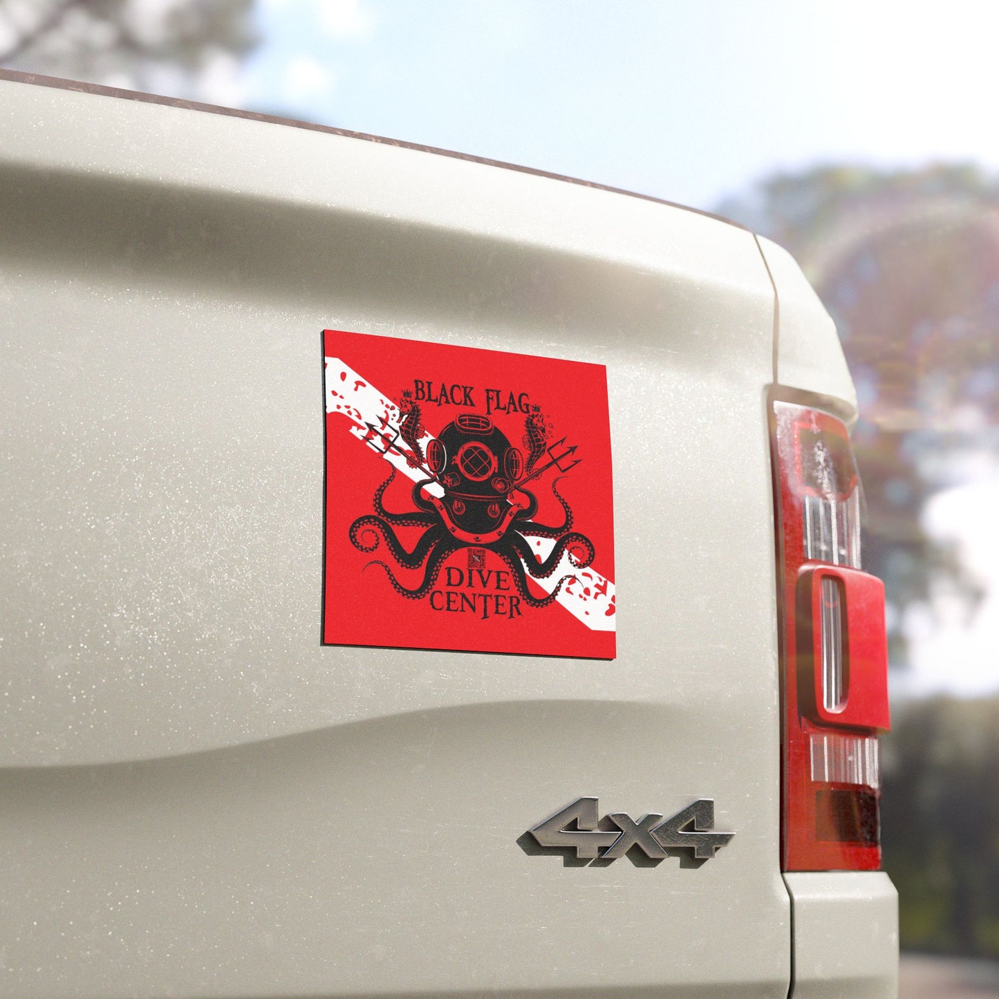 Dive Center Car Magnet (Red) — Black Flag Scuba Diving Octopus Design