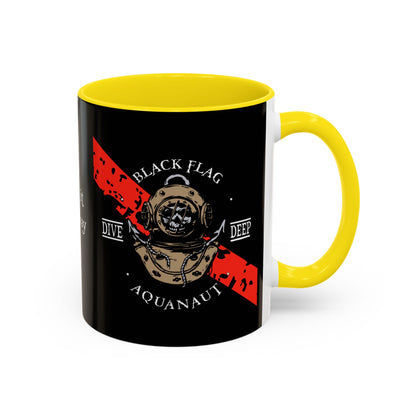 Diver Coffee Mug (Black) — 'Black Flag Aquanaut' Scuba Helmet Accent Mug (11/15oz)