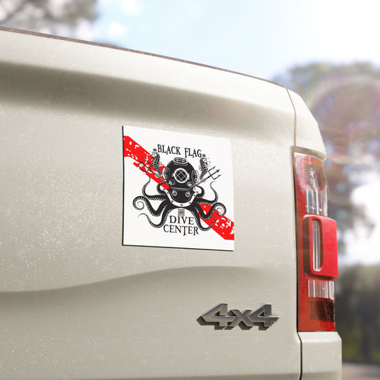 Dive Center Car Magnet (White) — Black Flag Scuba Diving Octopus Design