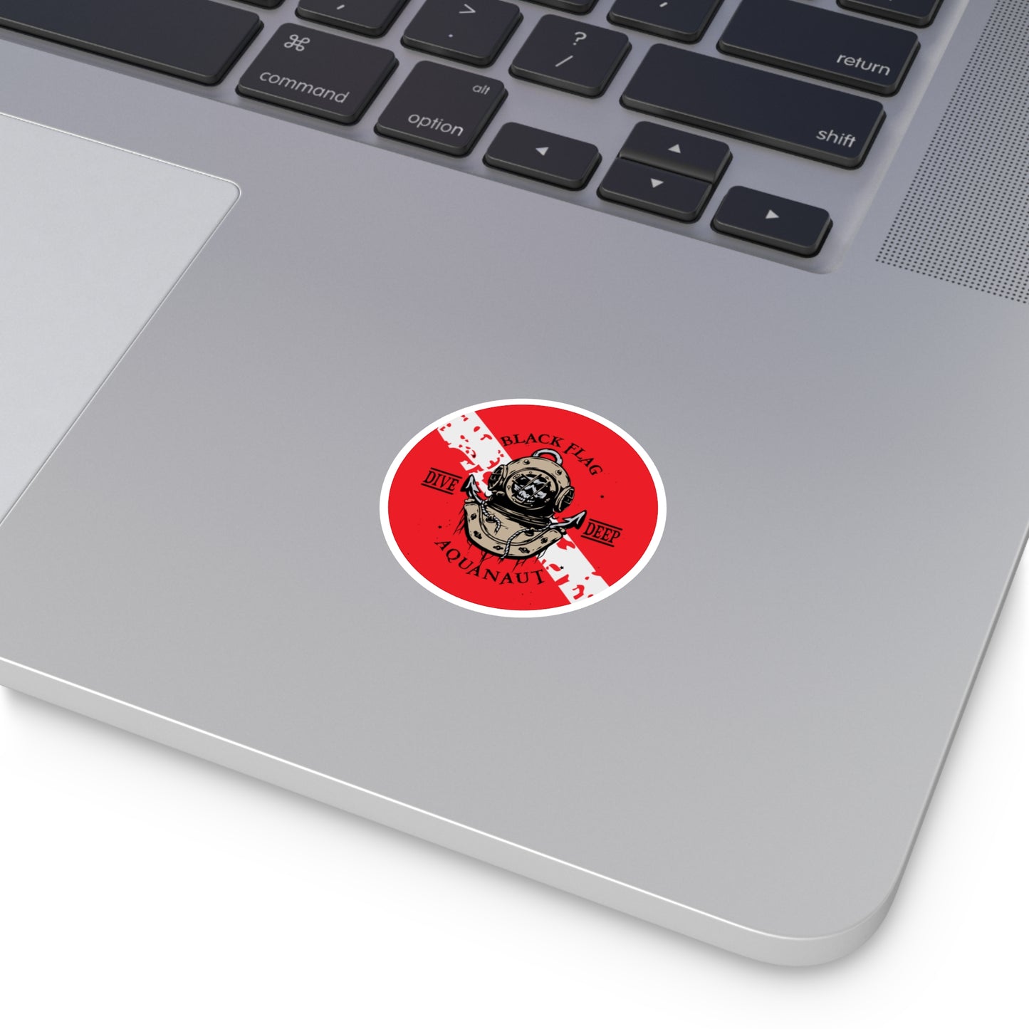 Aquanaut Dive Flag Round Sticker — 'Black Flag Aquanaut' Scuba Helmet Design