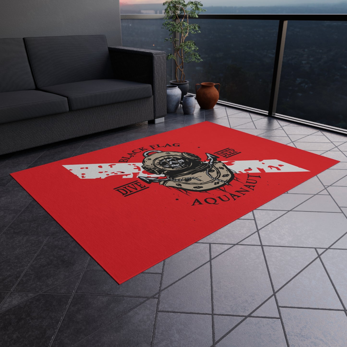 Dive Deep Aquanaut Outdoor Rug — Red Scuba Diver Flag Doormat