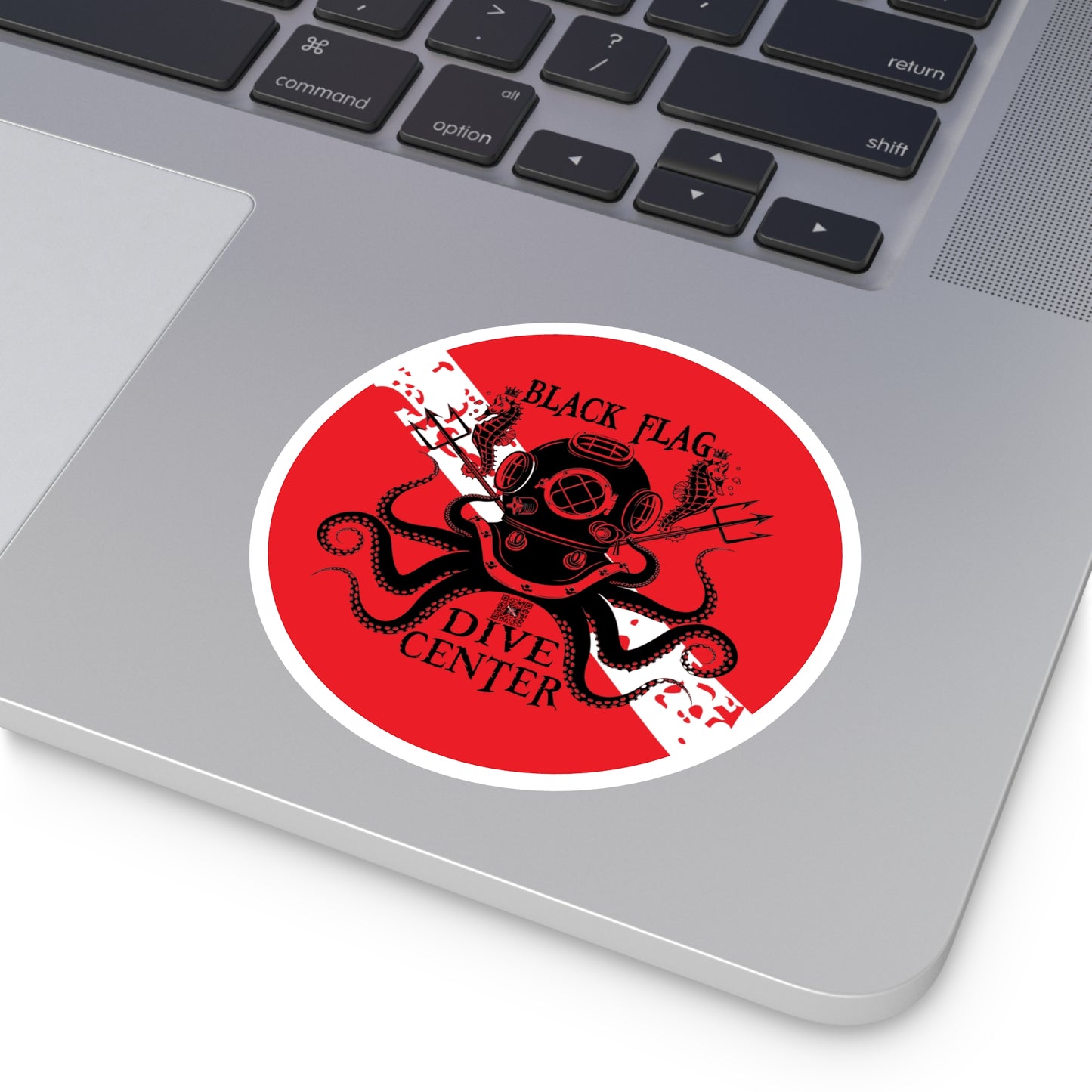 Black Flag Dive Center Round Sticker — Vintage Deep-Sea Octopus Diver Decal (Indoor/Outdoor)