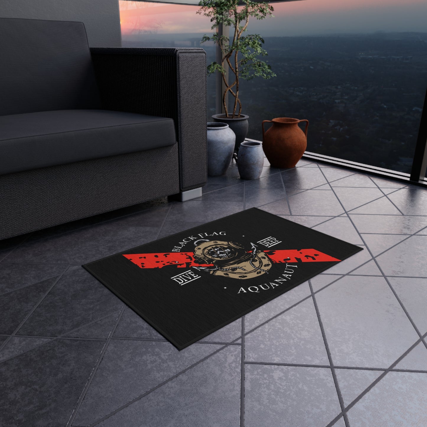 Dive Deep Aquanaut Outdoor Rug — Black Flag Scuba Diver Doormat