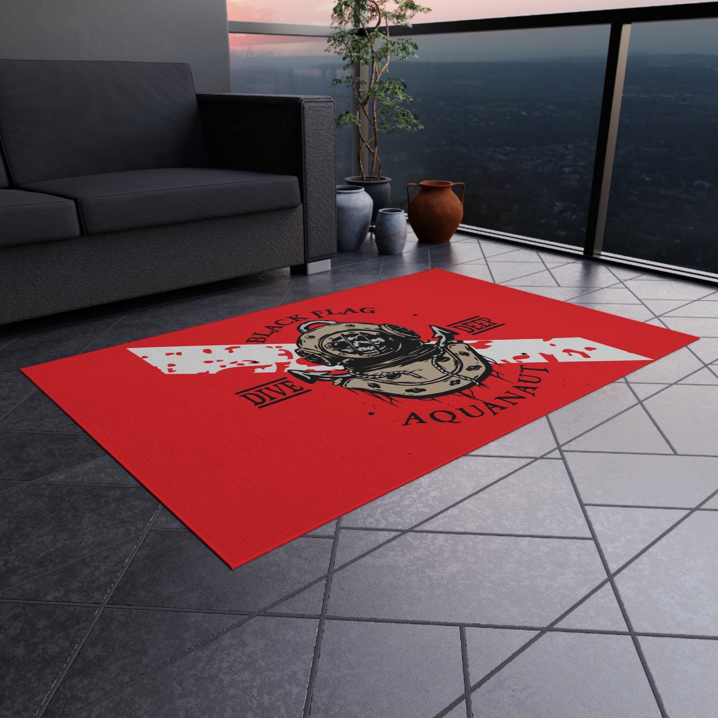 Dive Deep Aquanaut Outdoor Rug — Red Scuba Diver Flag Doormat